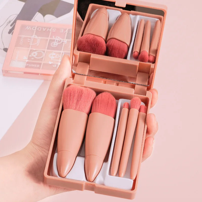 Mini Espelho De Maquiagem Portátil Com 5 Pcs Pincéis De Maquiagem Lupa Mão Segurar Bolso Dobrável Maquiagemet Foldable Makeup