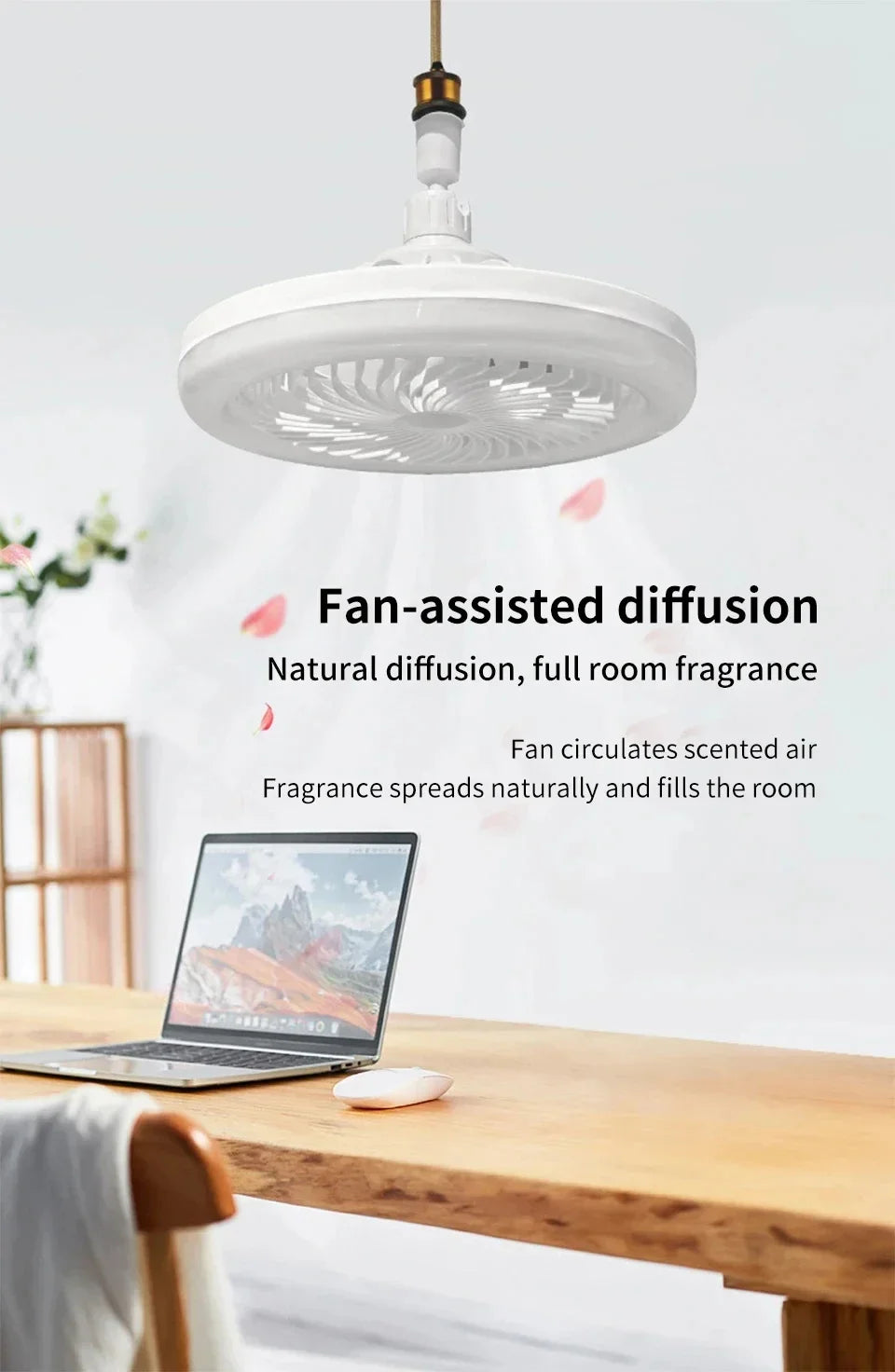 Rotatable ventilador de teto com controle remoto, lâmpada de iluminação, E27, Converter Base, Quarto, Sala, Aromaterapia, 3in 1