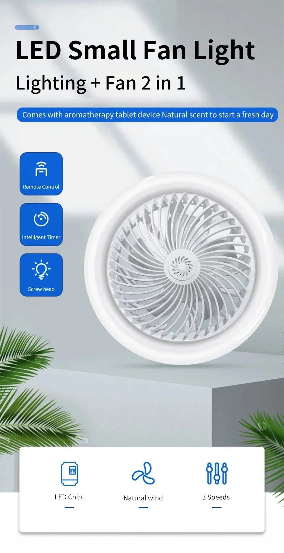 Rotatable ventilador de teto com controle remoto, lâmpada de iluminação, E27, Converter Base, Quarto, Sala, Aromaterapia, 3in 1