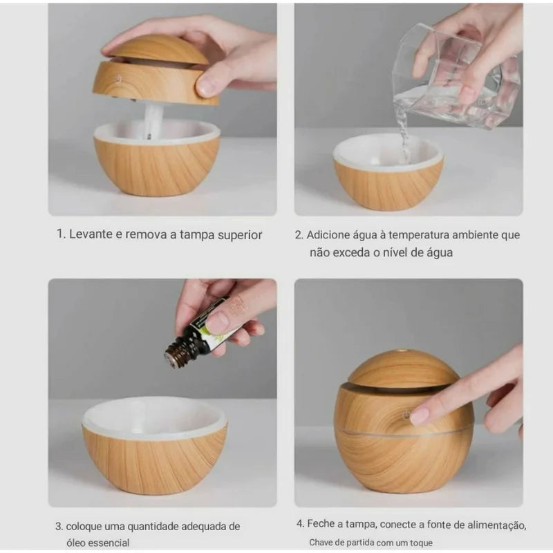 Mini umidificador de ar tipo madeira e sabor ambiente