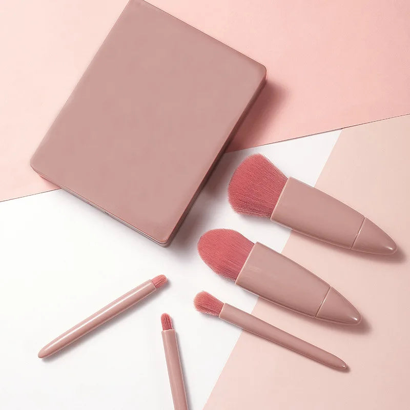 Mini Espelho De Maquiagem Portátil Com 5 Pcs Pincéis De Maquiagem Lupa Mão Segurar Bolso Dobrável Maquiagemet Foldable Makeup
