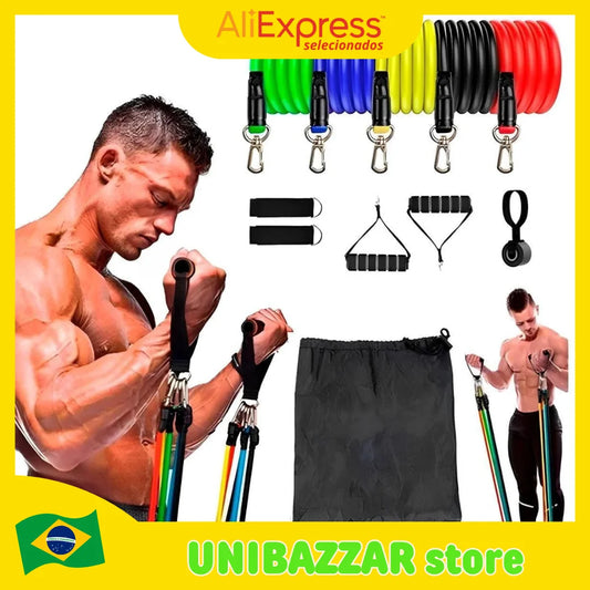 Kit 11 Extensores Elásticos Treino Funcional Ginásio Ginástica Fitness Exercícios de Fitness Desenvolvimento de Músculos