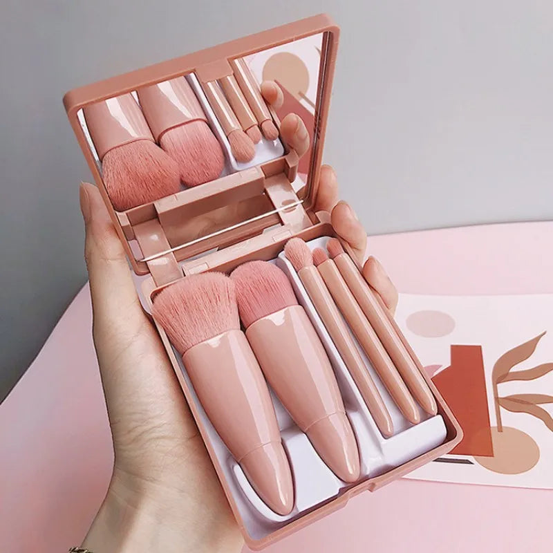 Mini Espelho De Maquiagem Portátil Com 5 Pcs Pincéis De Maquiagem Lupa Mão Segurar Bolso Dobrável Maquiagemet Foldable Makeup