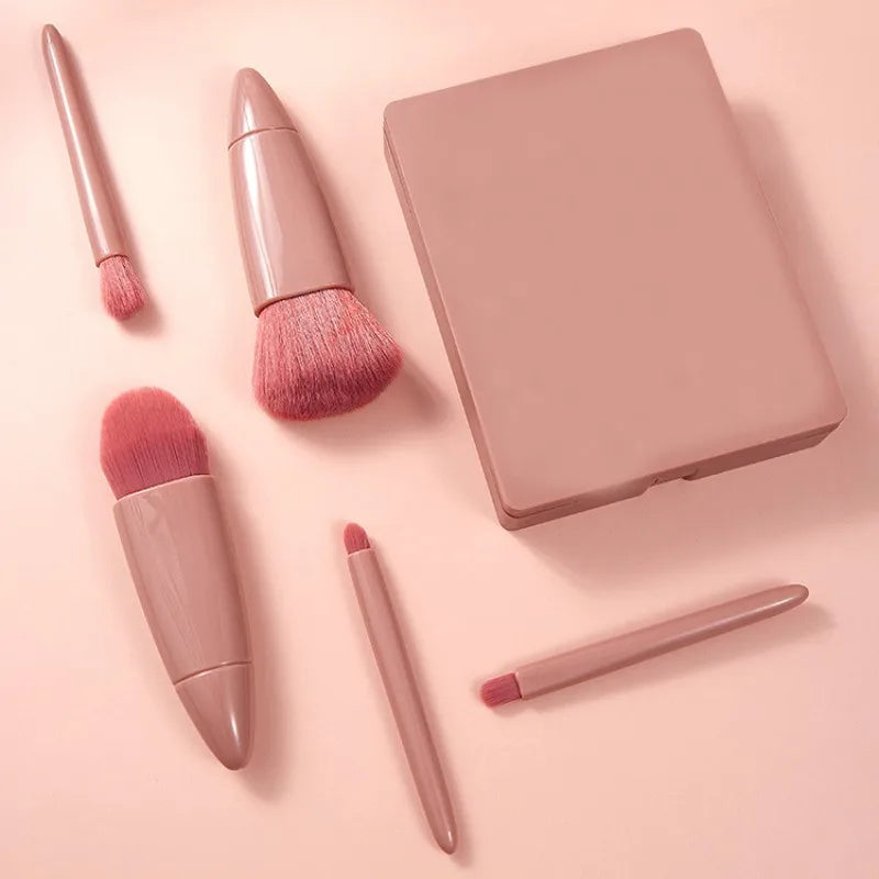 Mini Espelho De Maquiagem Portátil Com 5 Pcs Pincéis De Maquiagem Lupa Mão Segurar Bolso Dobrável Maquiagemet Foldable Makeup