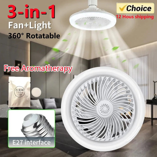 Rotatable ventilador de teto com controle remoto, lâmpada de iluminação, E27, Converter Base, Quarto, Sala, Aromaterapia, 3in 1
