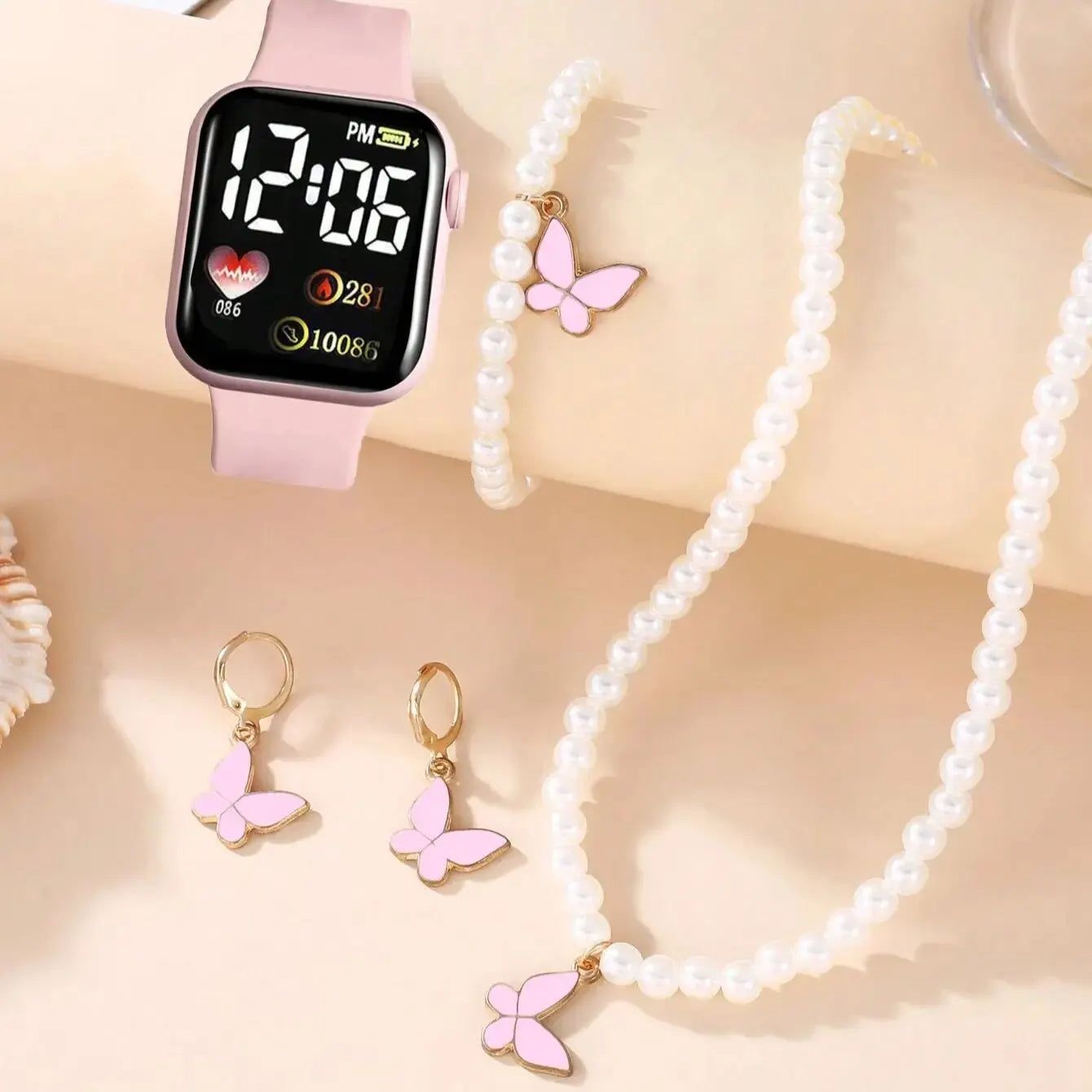 Sifang Caring Girl Relógios eletrônicos e 4 pérolas borboleta amor conjunto de joias fofas e românticas