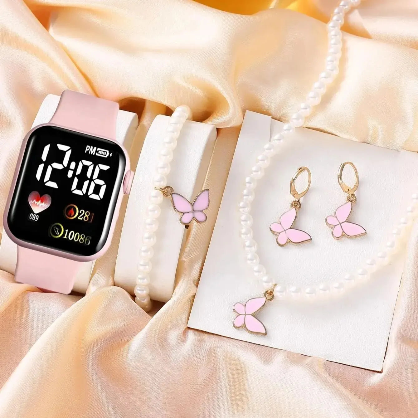 Sifang Caring Girl Relógios eletrônicos e 4 pérolas borboleta amor conjunto de joias fofas e românticas