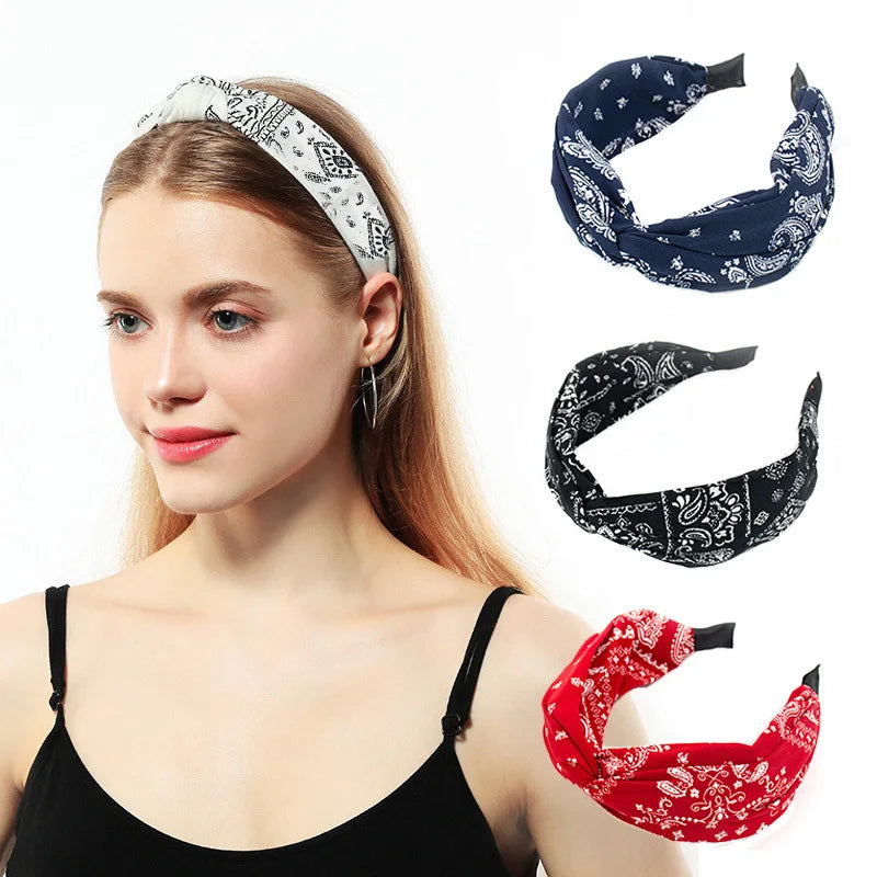Moda algodão caju flores impressão macio largo hairhoop acessórios para o cabelo feminino casual arco cruz étnica bandana atacado