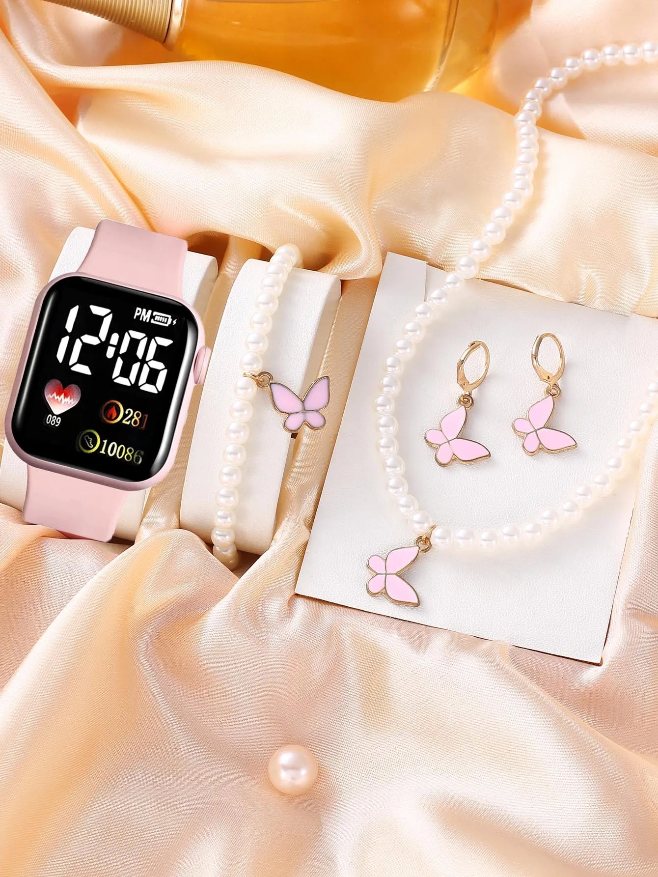 Sifang Caring Girl Relógios eletrônicos e 4 pérolas borboleta amor conjunto de joias fofas e românticas