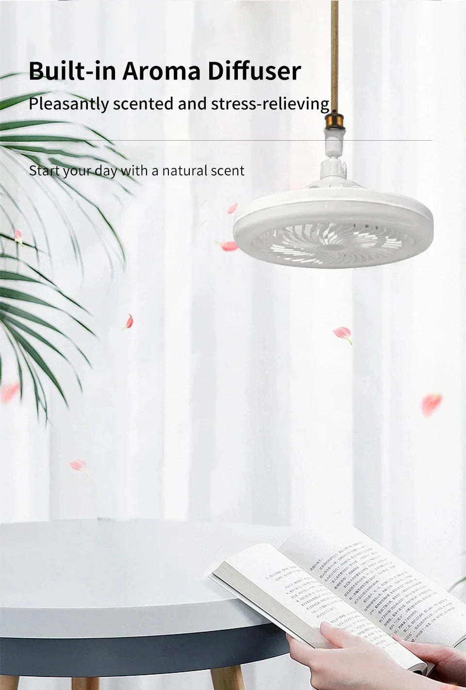 Rotatable ventilador de teto com controle remoto, lâmpada de iluminação, E27, Converter Base, Quarto, Sala, Aromaterapia, 3in 1