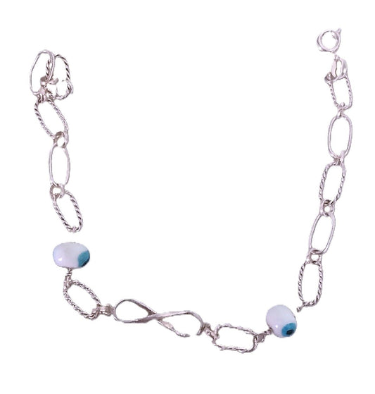 pulseira de prata com pingente infinito e olho grego