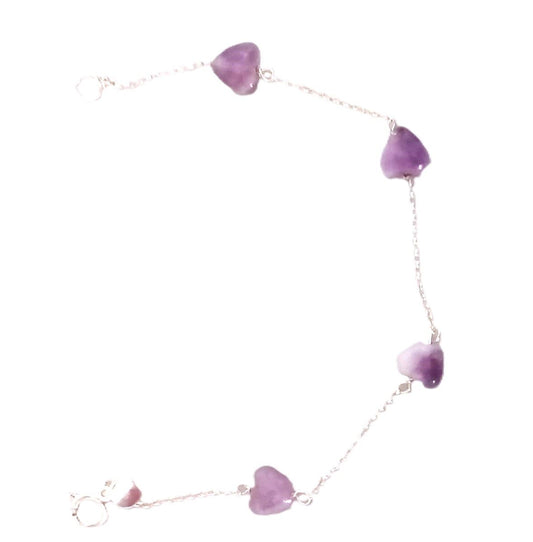 pulseira de prata com pedraria natural formato coração lilas