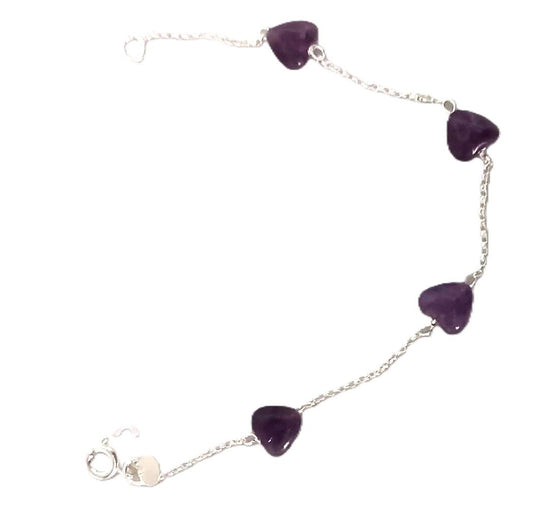 pulseira de prata com pedraria natural formato coração roxo
